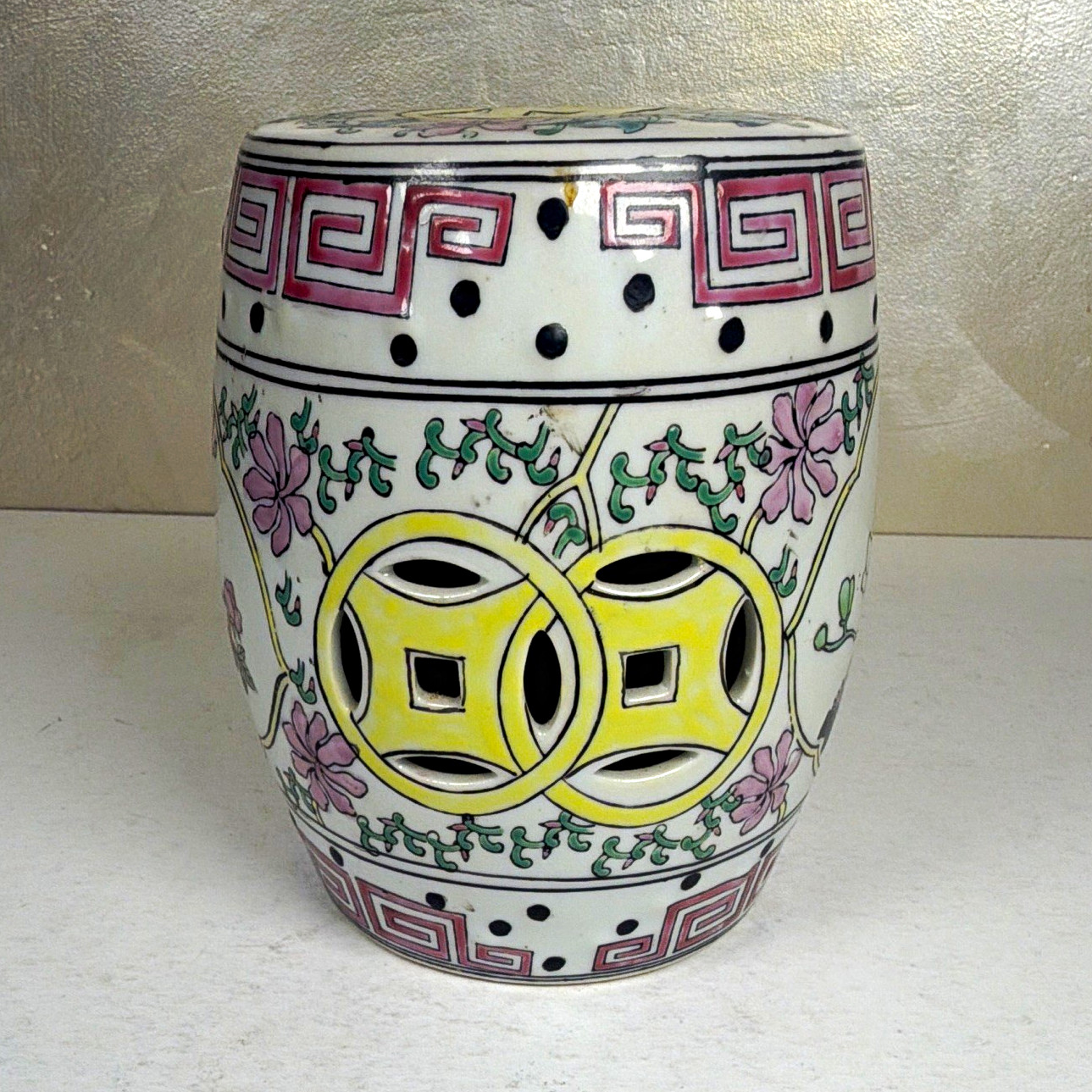 Chinese Porcelain Garden Stool Coin Motif Floral Geometric 5 In Dia x 6 H