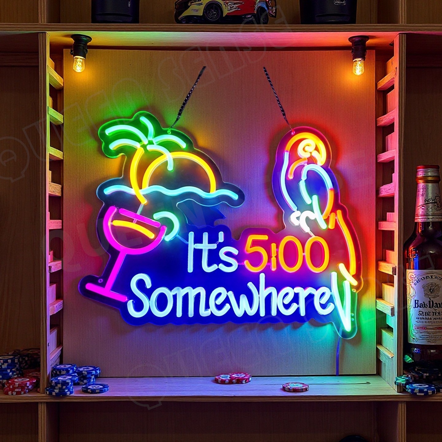 It's 5:00 Somewhere Parrot Palm Tree LED Neon Sign Dimmer USB Powered Adjustable