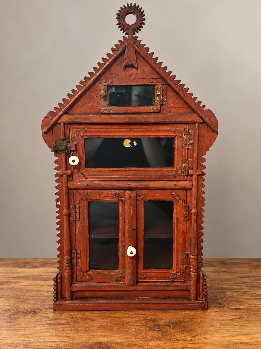 Antique Style Folk Art Wooden Wall Cabinet Gothic House Shape Glass Doors