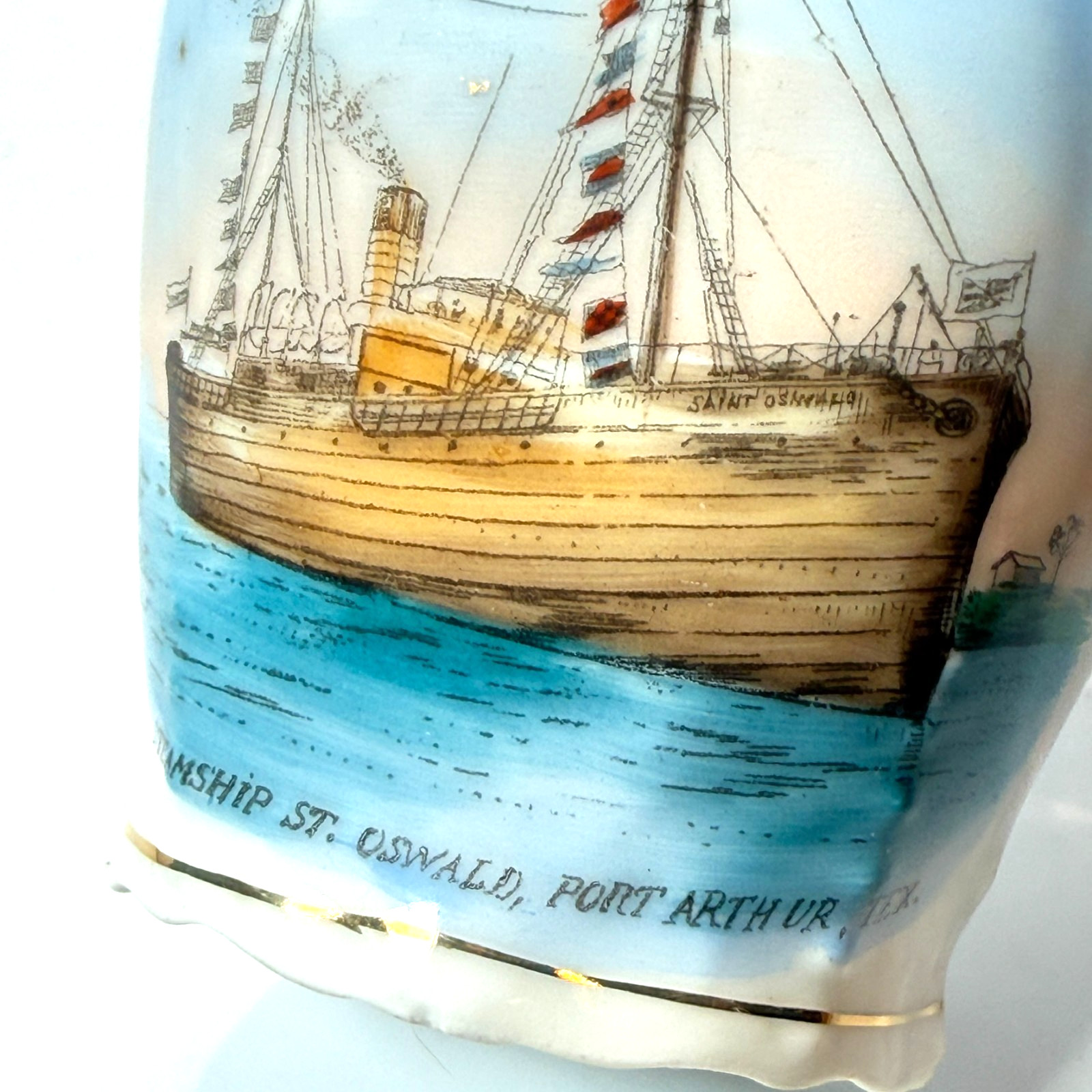 PORT ARTHUR Steam Ship St. Oswald TX TEXAS ANTIQUE Souvenir CHINA TRINKET CUP