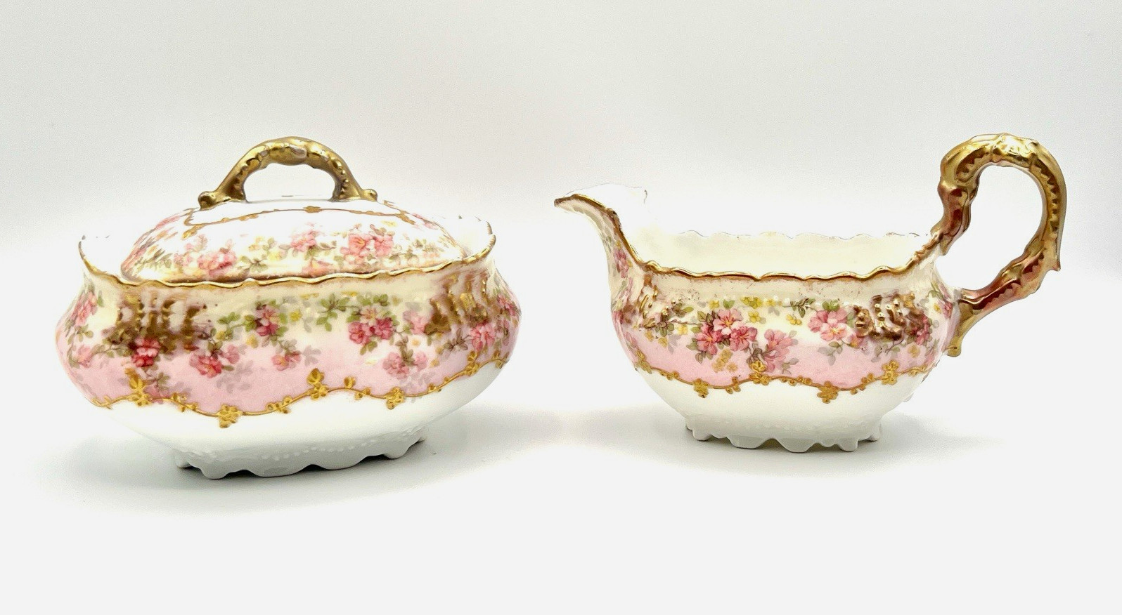 VTG Limoges 3pc Porcelain Creamer & Covered Sugar Bowl w/ Lid Pink Floral Gold