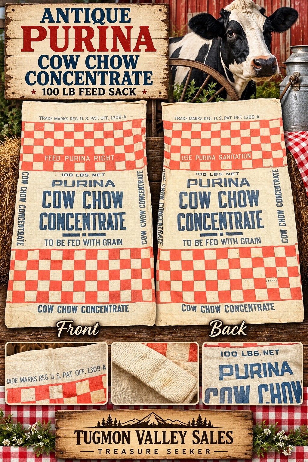 Antique Purina Cow Chow Feed Sack 100 LB Checkerboard Farm Advertising 20x37