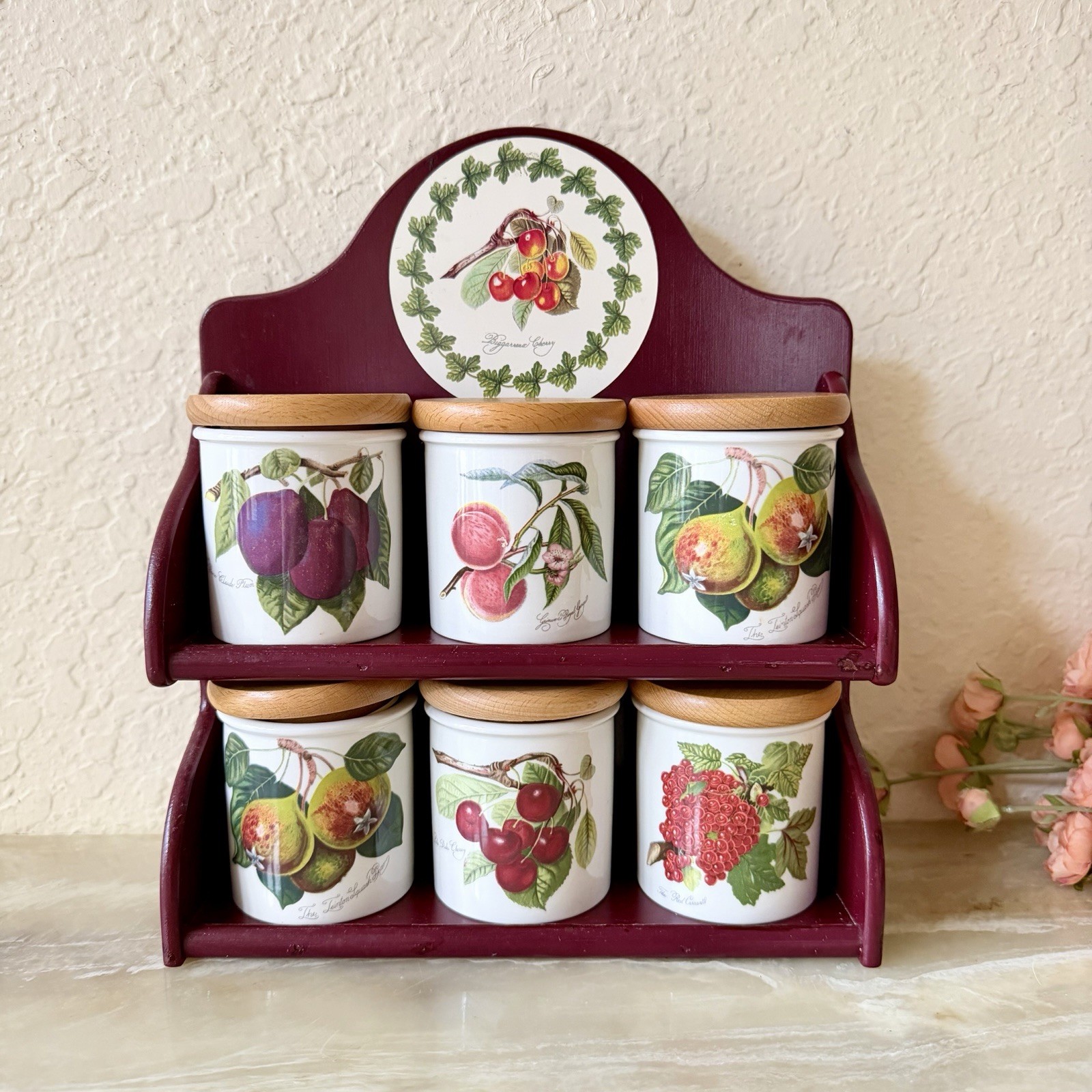 Vintage  Portmeirion Botanic Garden Red Wood Spice Rack 6 Spice Herb Jars