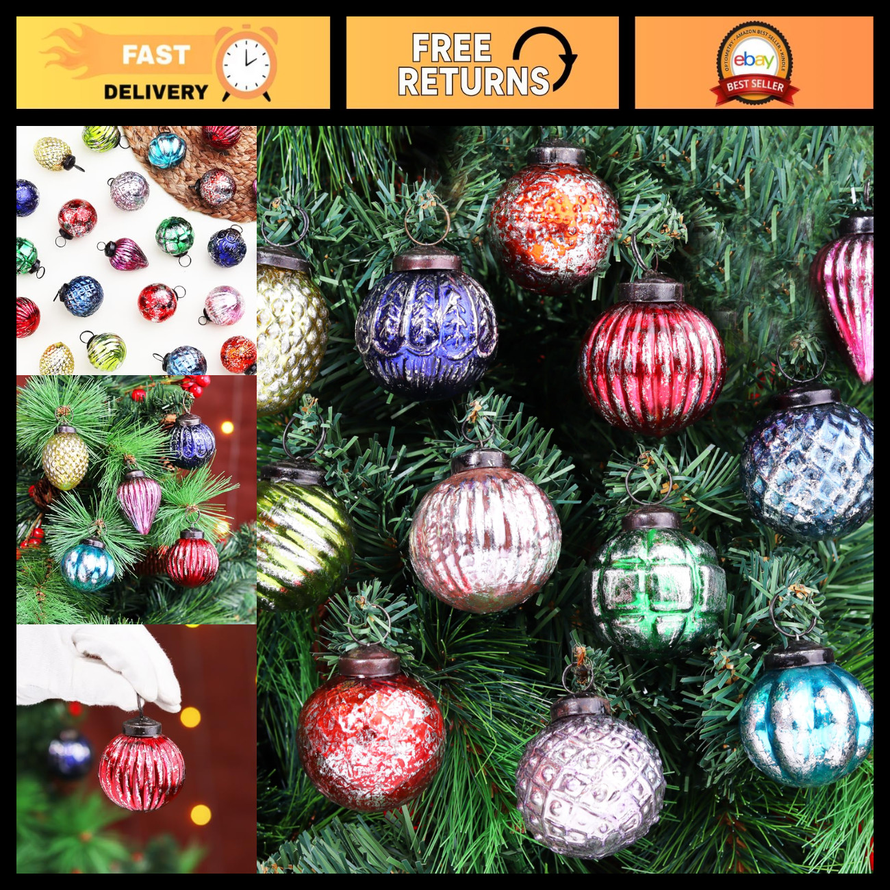 12 Retro Vintage Large Glass Christmas Ornaments - Unique Holiday Decor Balls fo