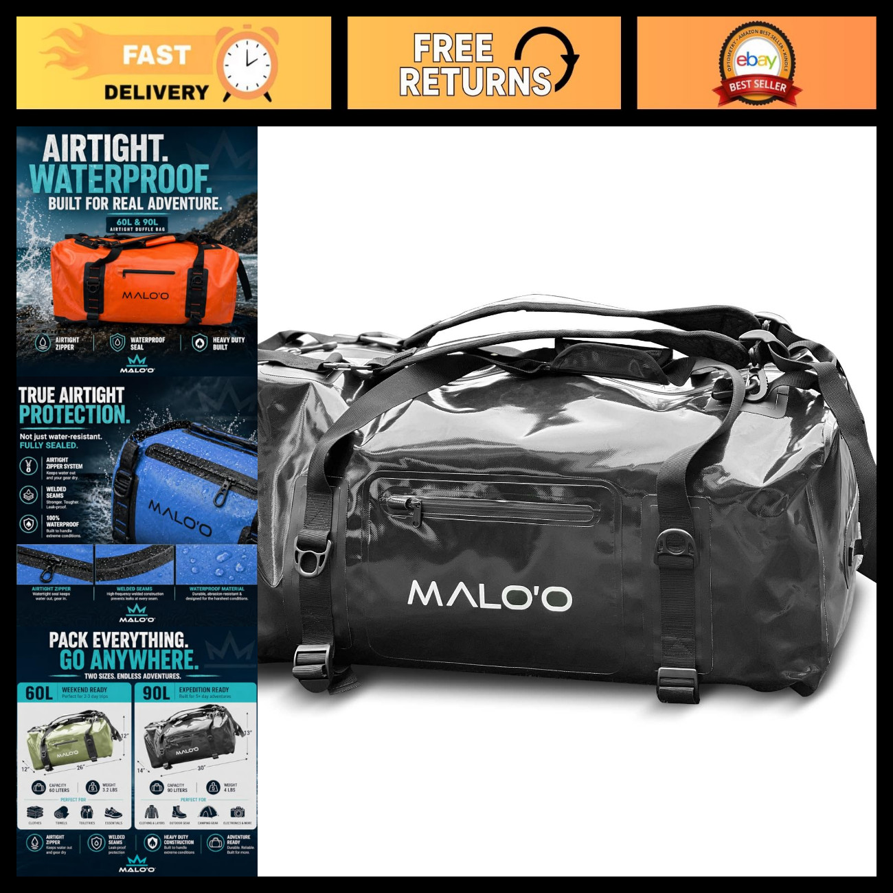 Malo’o Airtight Waterproof Adventure Duffle, Heavy Duty Submersible Dry Bag Duff
