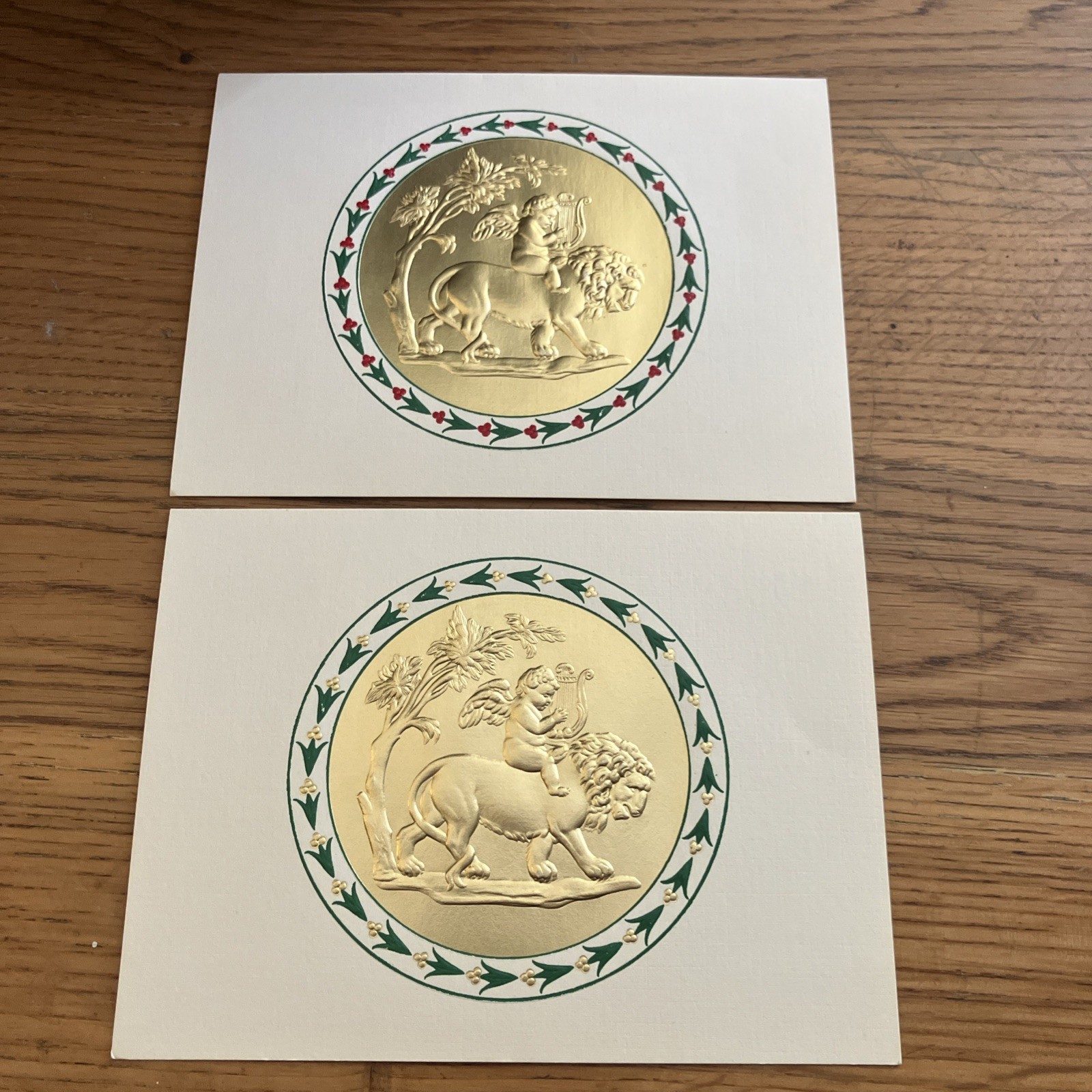 Vintage 1980s Stones Designs  Gold Lion  Embossed Christmas Cards Set Of 2