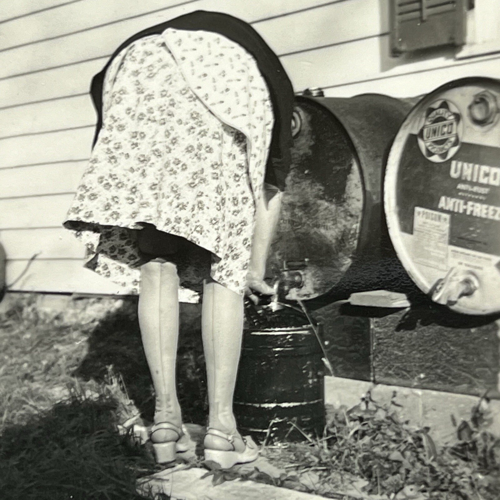 Vintage B&W Snapshot Photograph Odd Woman Bending Over Bum Unico Anti Freeze