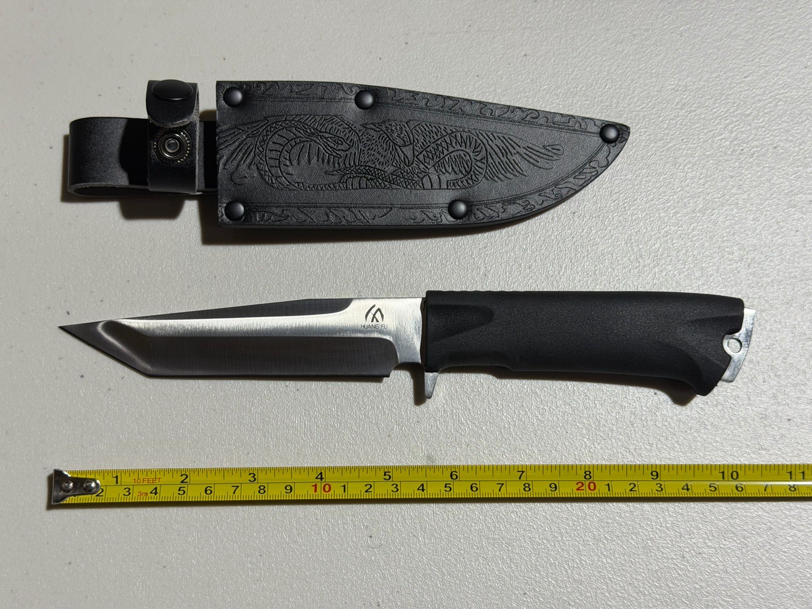 HUANG FU 10” Tanto Fixed Blade Hunting Knife Black Dragon Sheath Outdoor