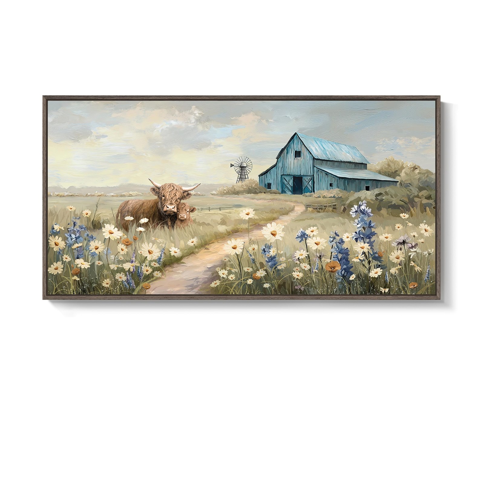 Cuspin Large Framed Farmhouse Wall Art Highland Cow Barn Floral 20x40