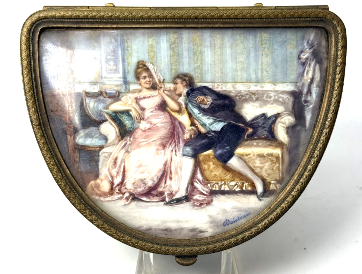 Antique French Gilt Metal Trinket Box Hand Painted Lovers Scene Signed Doisteau
