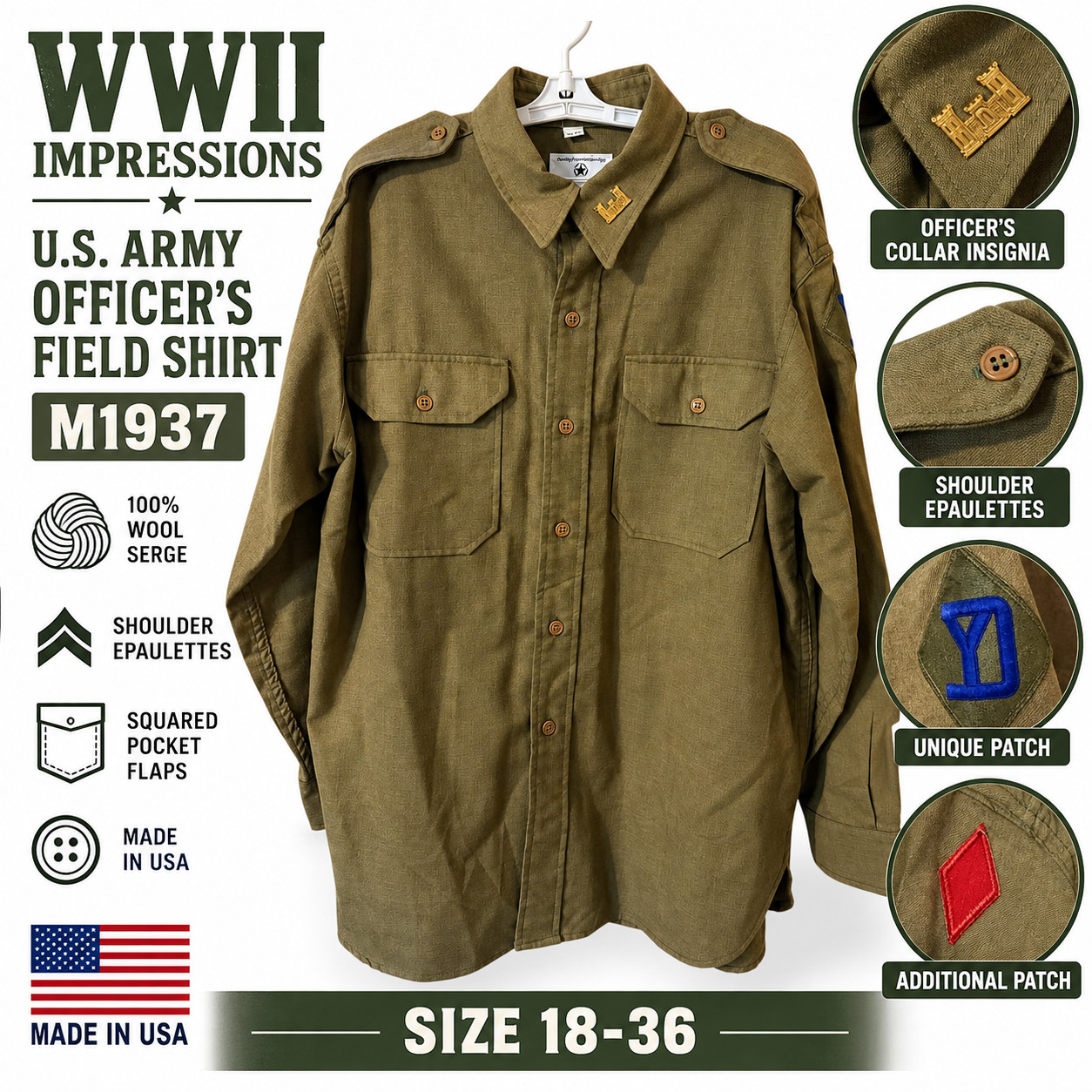 WWII Impressions M1937 US Army Officers Wool Field Shirt OD Olive Drab 18-36 New