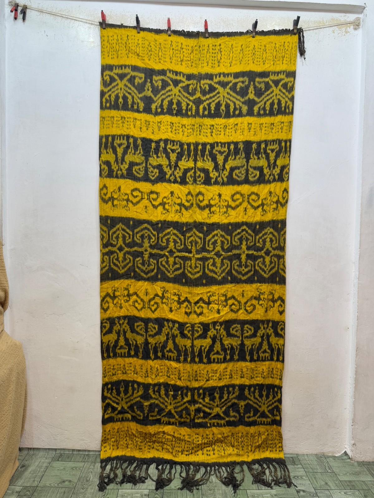 Vintage Gorgeous Indonesian Ikat Technique Fabric Textile Cloth 216x96 Cm