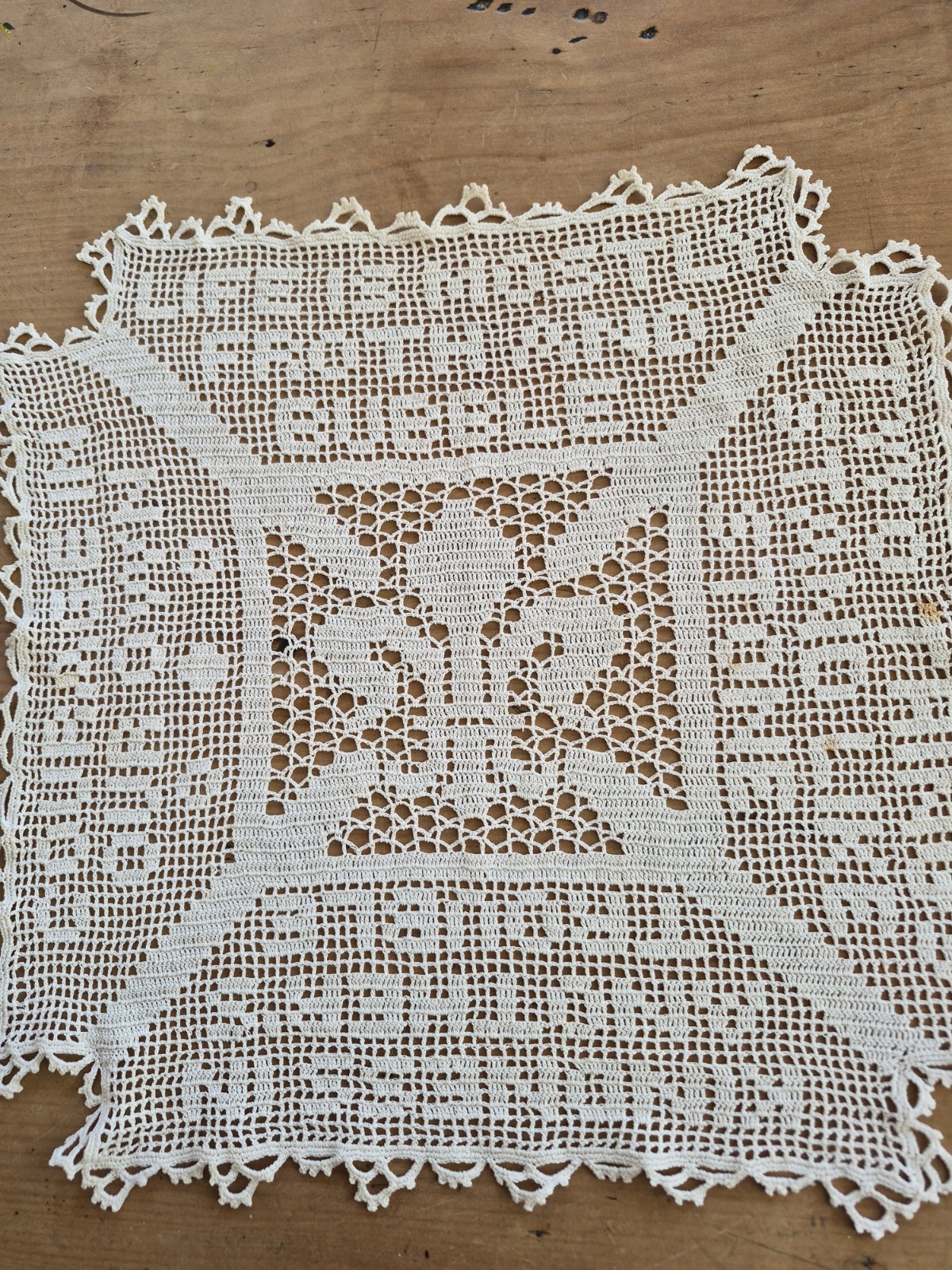 Antique Hand Crochet filet lace 1918 Doily Mary Card Fleur-de-lis ..Poem..mat