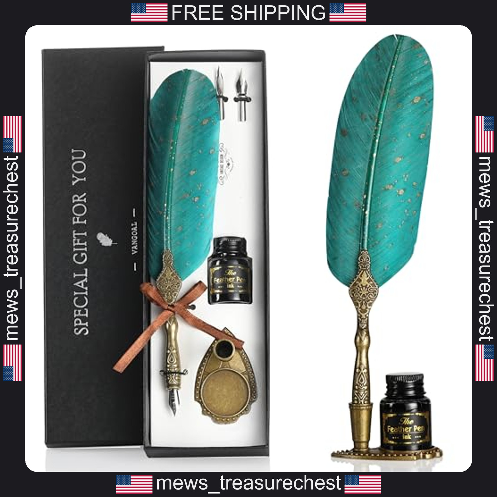Vintage Feather Quill Pen Set with Carving Stand and Ink for Calligraphy