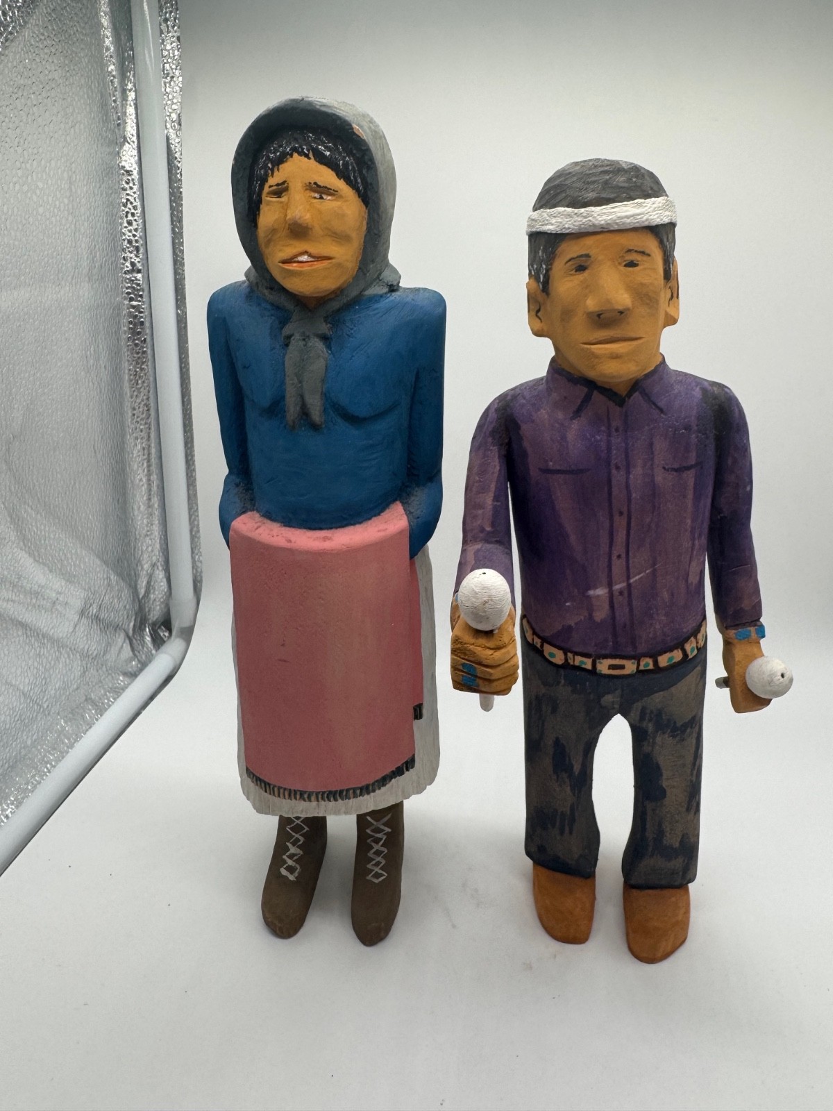 Vintage Johnson Antonio Navajo Wood Carving Couple 1990 Native American Folk Art
