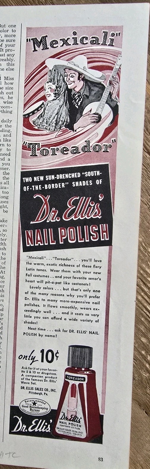 1941 Dr. Ellis Mexicali Toreador Red Nail Polish cosmetic vintage Ad  