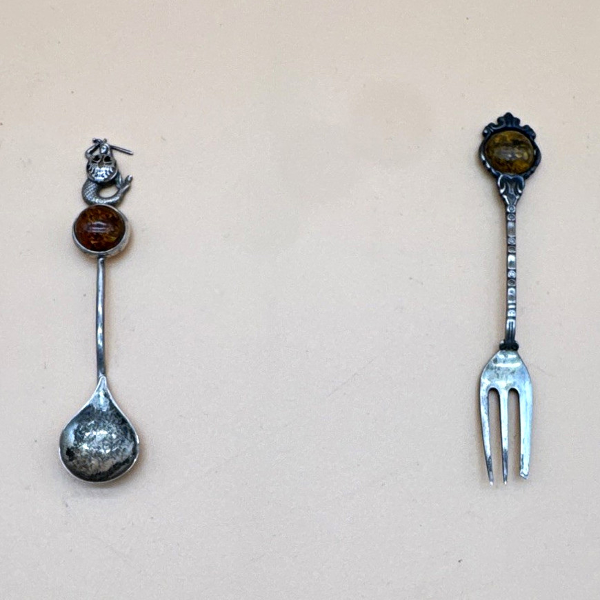 Vintage 925 Sterling Silver & Amber Spoon Fork Set Ornate Collectible Utensils