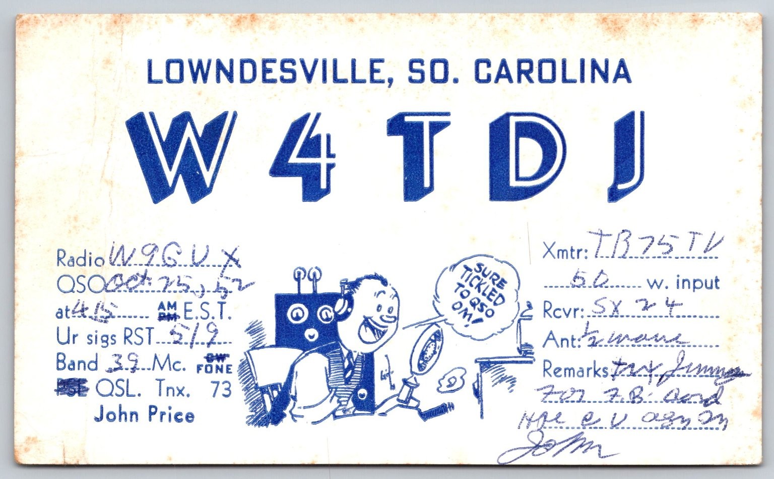 1952 QSL Postcard W4TDJ Lowndesville SC Ham Radio W9GUX Gary Indiana A50