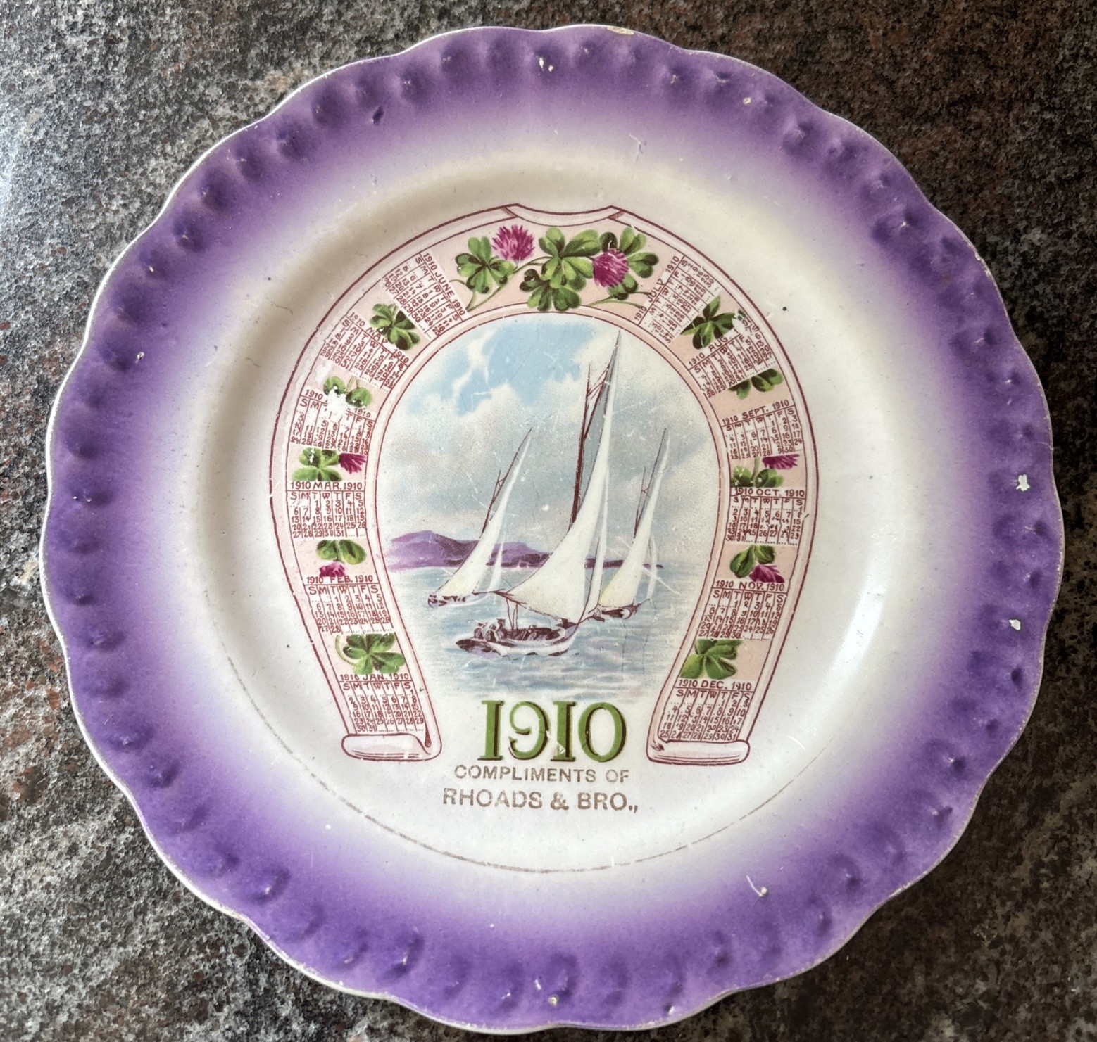 Vintage 1910 Calendar Plate Rhoads & Bro. Carnation McNicol Purple Horseshoe PA
