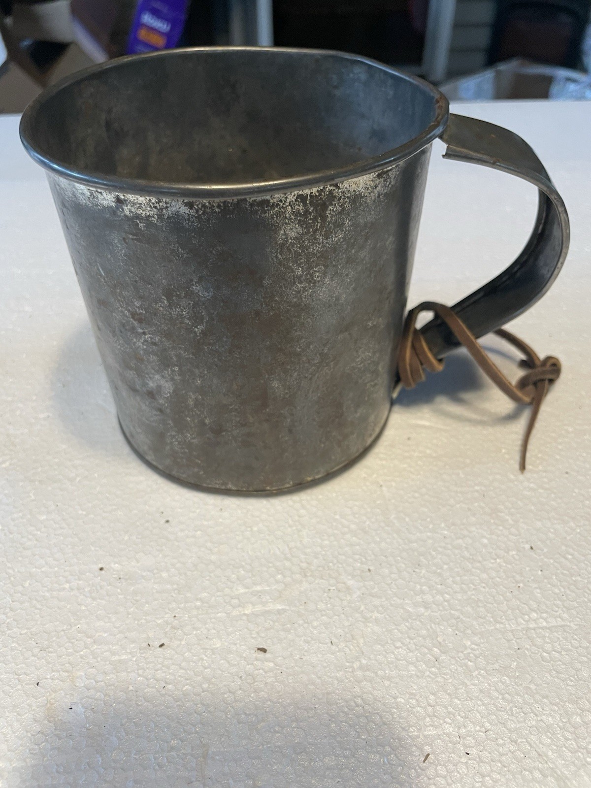Vintage Large Tin Civil War Reenactment Cup W Leather Tie
