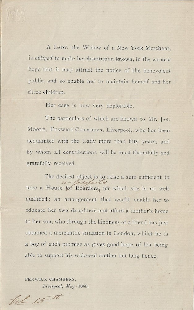 1866 – Raising Funds to Buy  a Boarding House for a Destitute New York Widow