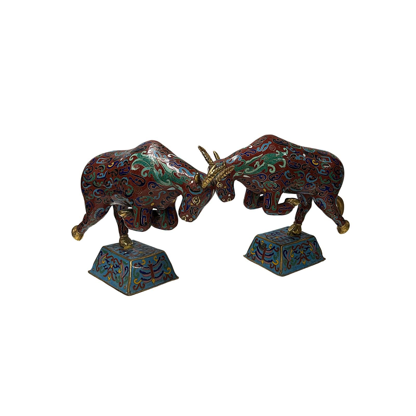 Pair Vintage Chinese Cloisonne Enamel Crimson Red Dynamic Bull Figures GB852