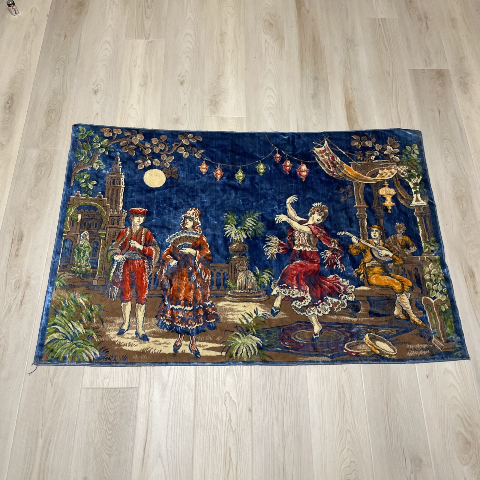 Vintage Blue Velvet Tapestry Wall Hanging Spanish Flamenco Dancers 56x36
