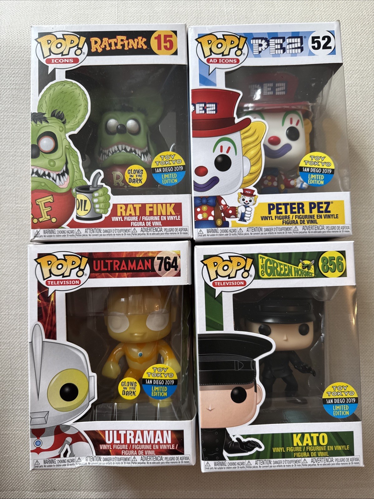 Funko Pop SDCC 2019 Rat Fink 15 Glow in the Dark, Pez 52, Ultraman 764, Kato 856