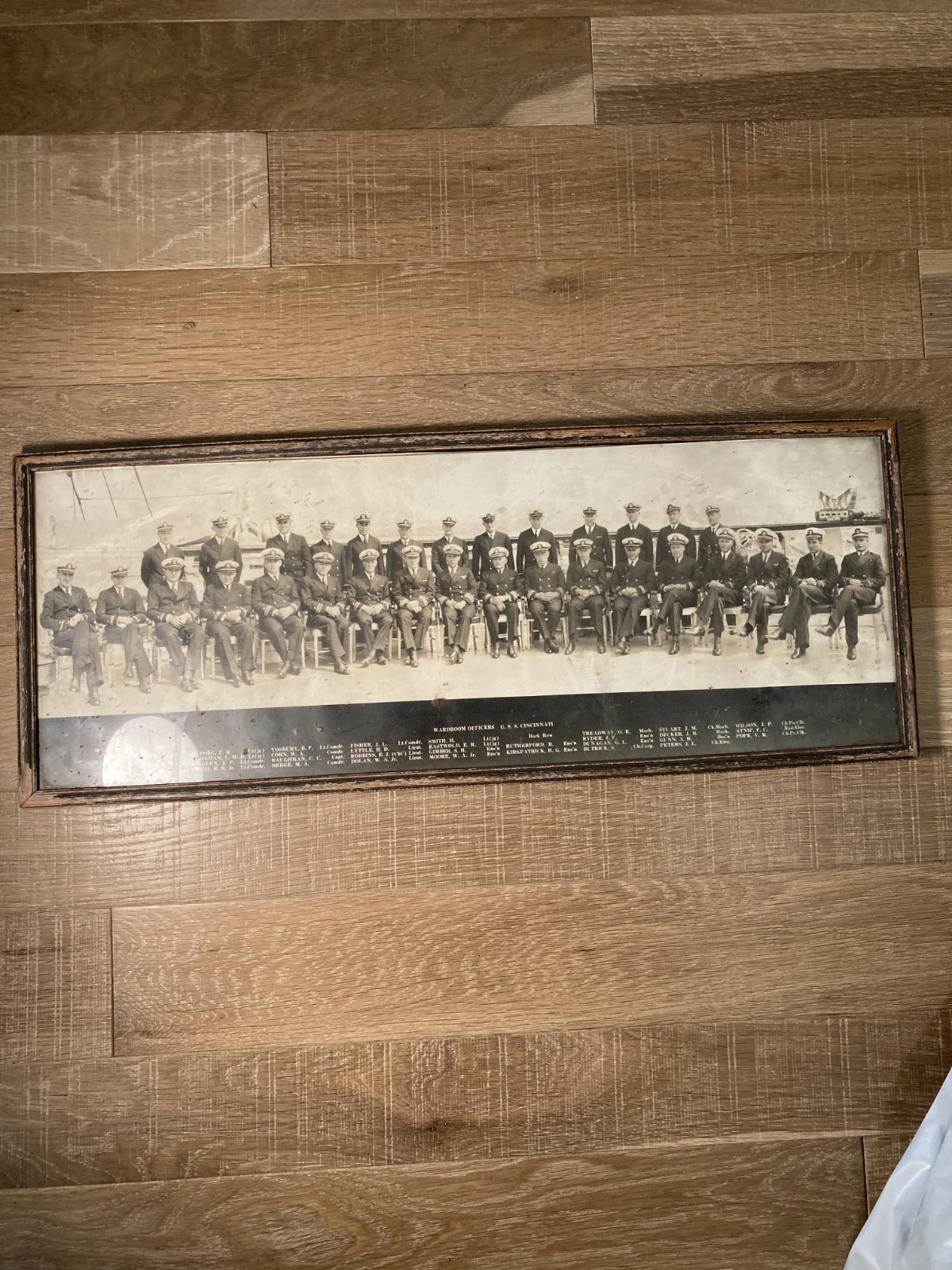 Vintage Framed Photo USS Cincinnati Wardroom Officers Named Naval Crew WWII