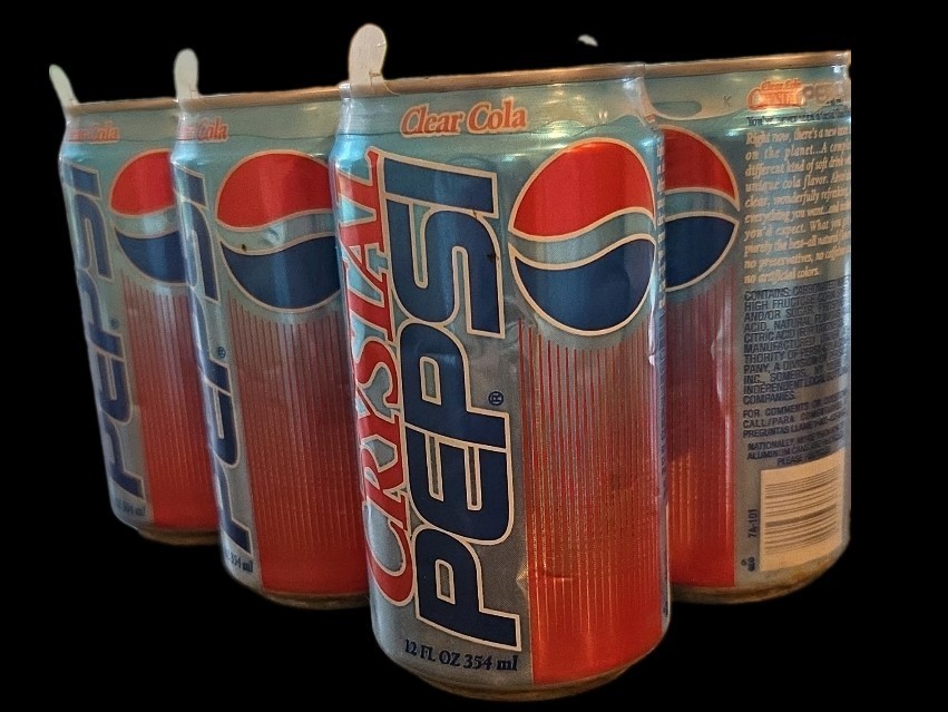 Vintage 1990's Crystal Pepsi empty cans 6 pack Original 1992 -1994 release era