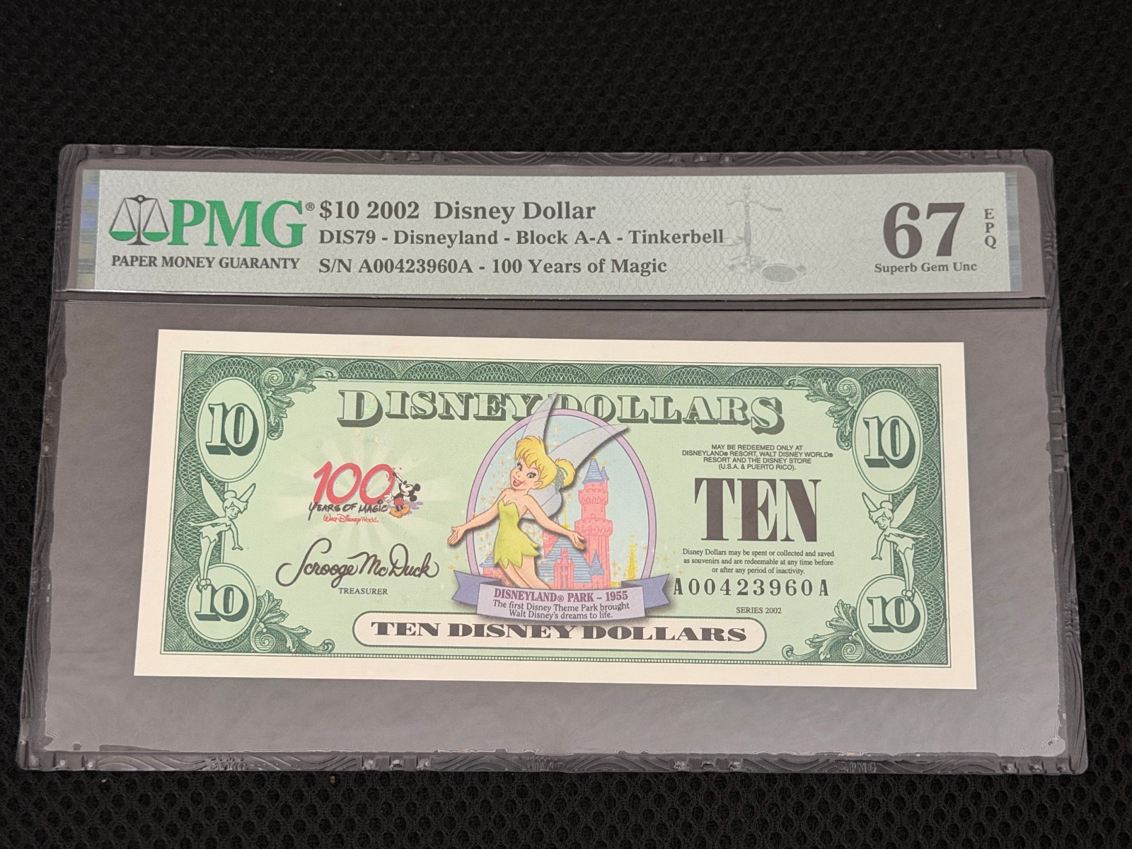 2002 $10 Disney Dollar Tinker Bell Disneyland DIS79 Graded PMG 67 EPQ Superb Gem