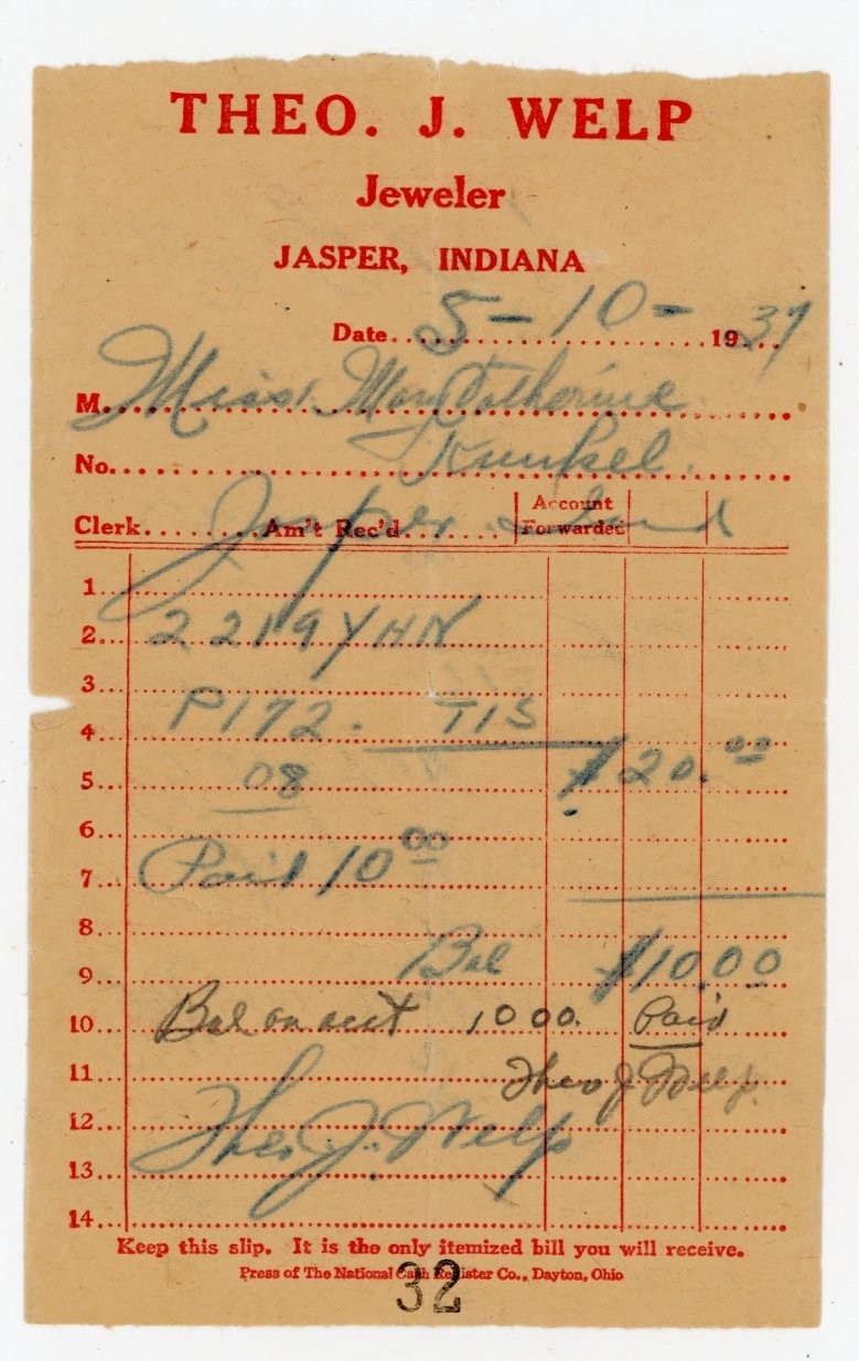 1931 Theo J. Welp Jeweler Receipt Jasper Indiana Antique Jewelry Store Ephemera