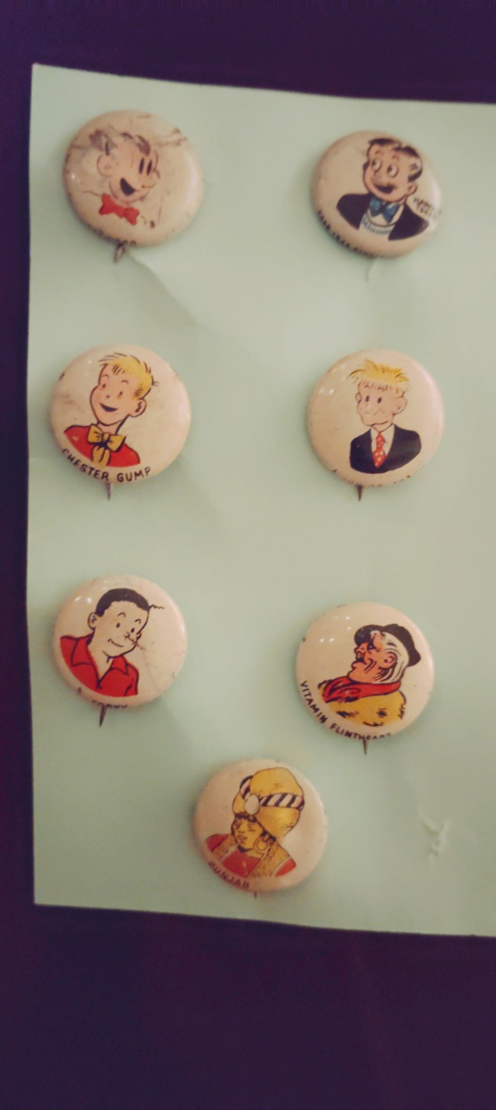 7 Vintage 1940s kelloggs cereal pep-comic Cartoon Character Pinback Buttons 