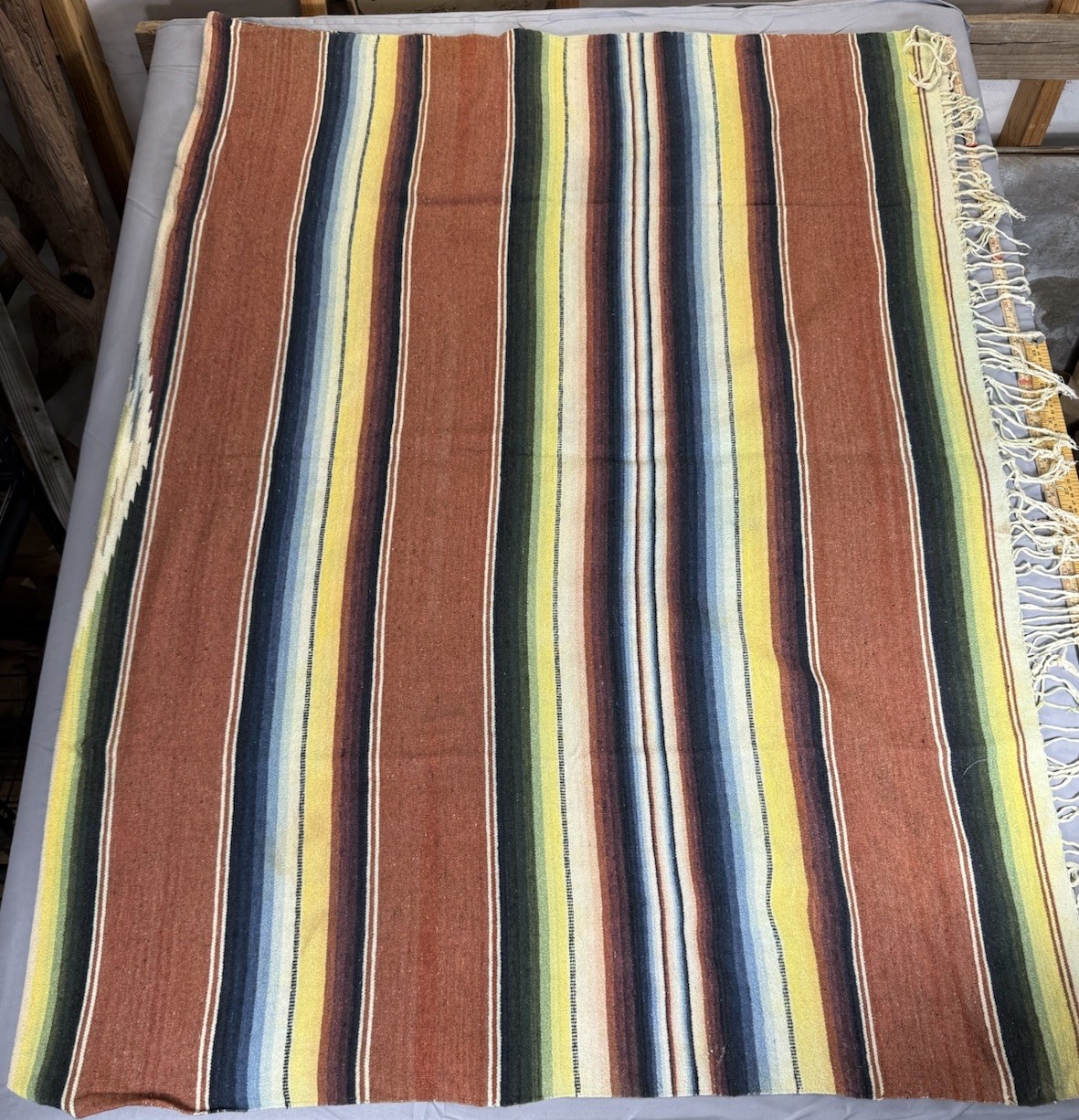 1940s 50s Vintage Mexican Saltillo Serape Blanket Center Diamond Fringe 60”x84”