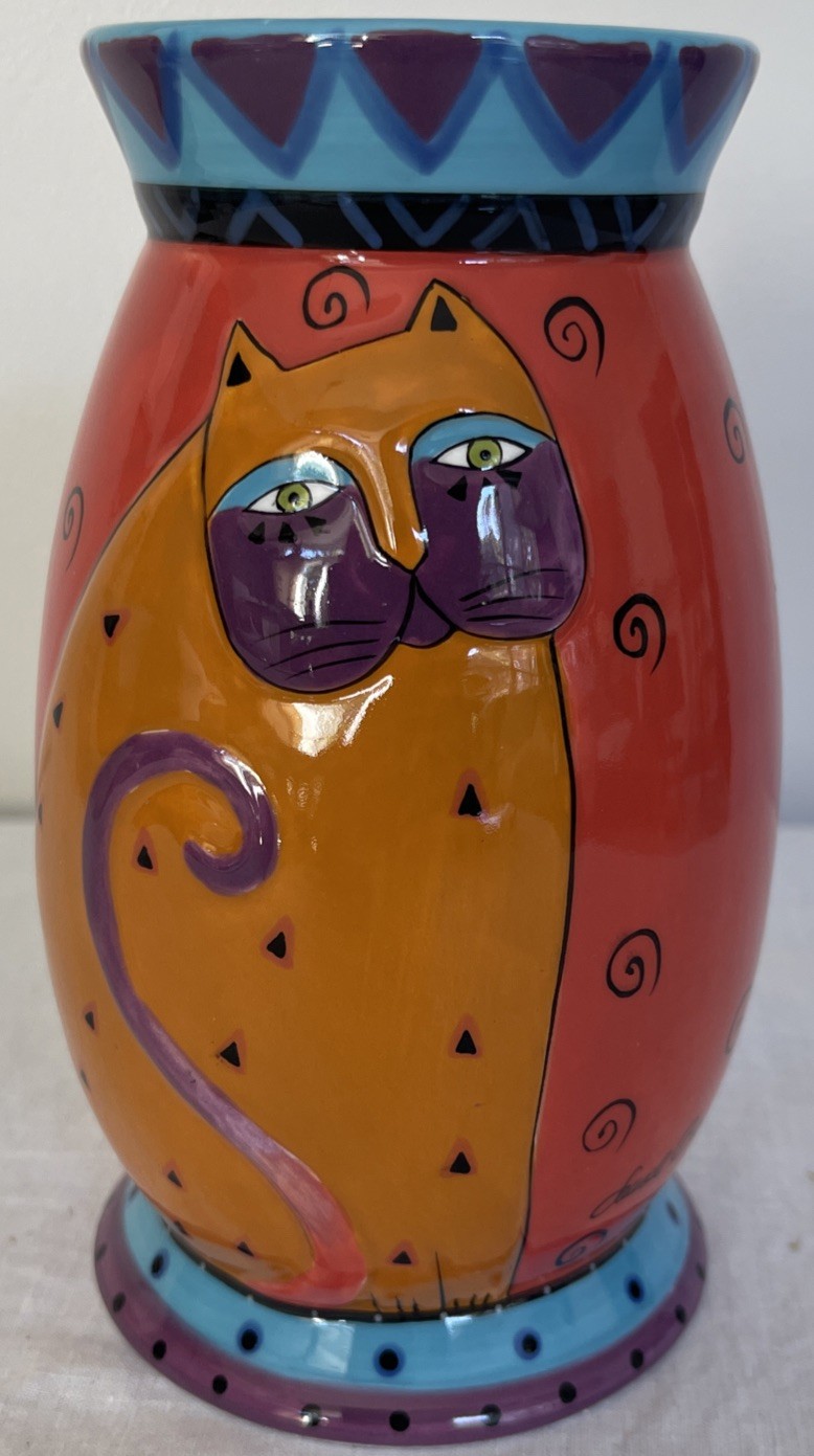 Laurel Burch Cat Love Vase For Ganz 6” Tall Colorful Glazed Glossy Pop Art VGUC
