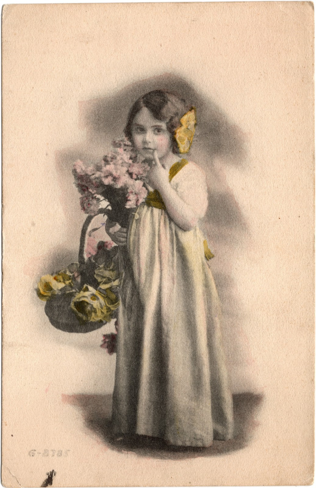 Young Girl with Flowers and Basket 1907-1915 Era - Love me ? written on card