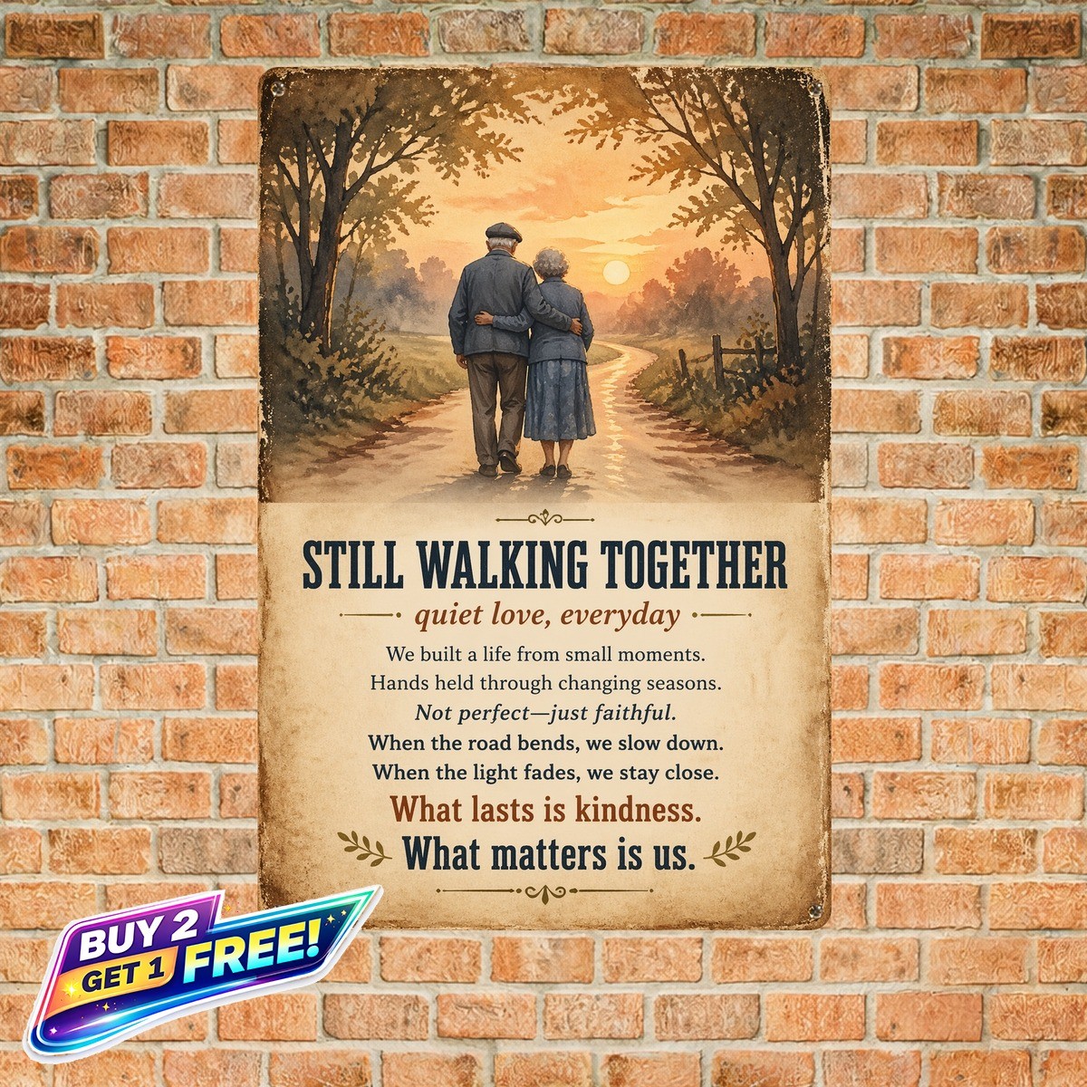 Elderly Couple Walking Into Sunset Romantic Metal Tin Sign
