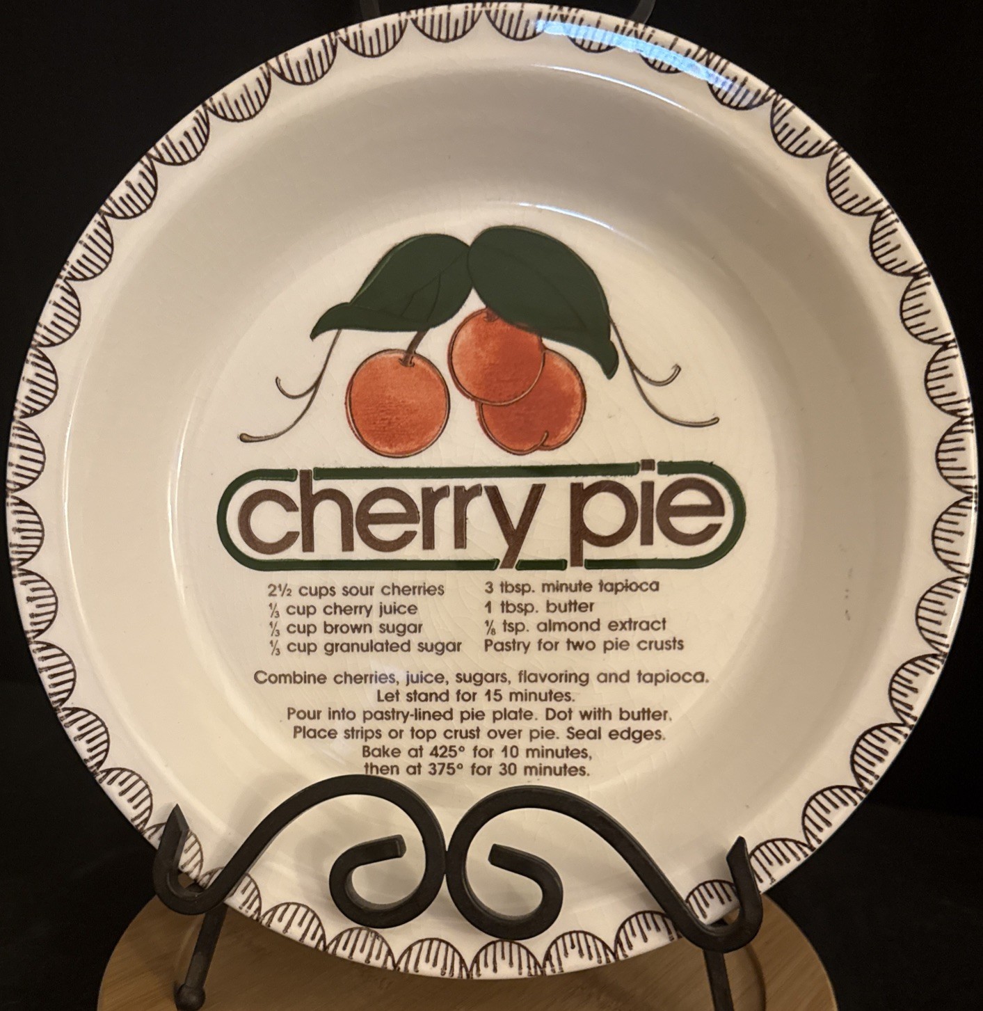 Vtg 1970s Ceramic Cherry Pie plate Recipe, Baking Dish 10”Retro Kitchen Decor