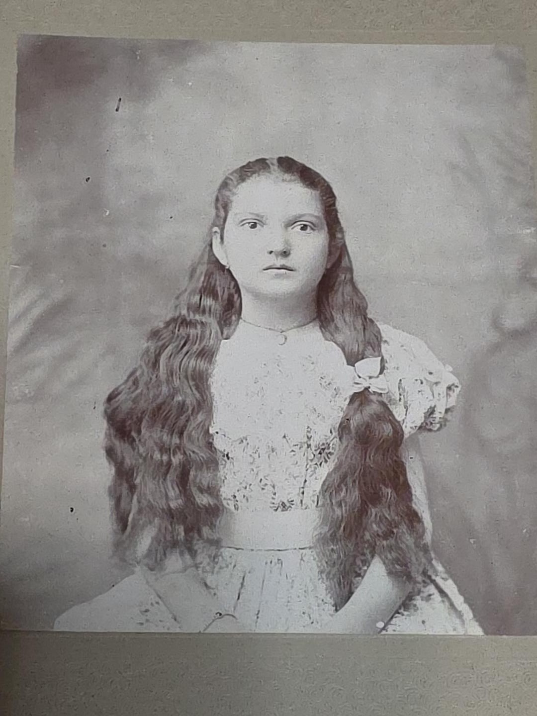 Antique Photo Girl Extremely Long Wavy Hair Lace Dress Crescent Pendant 7x5