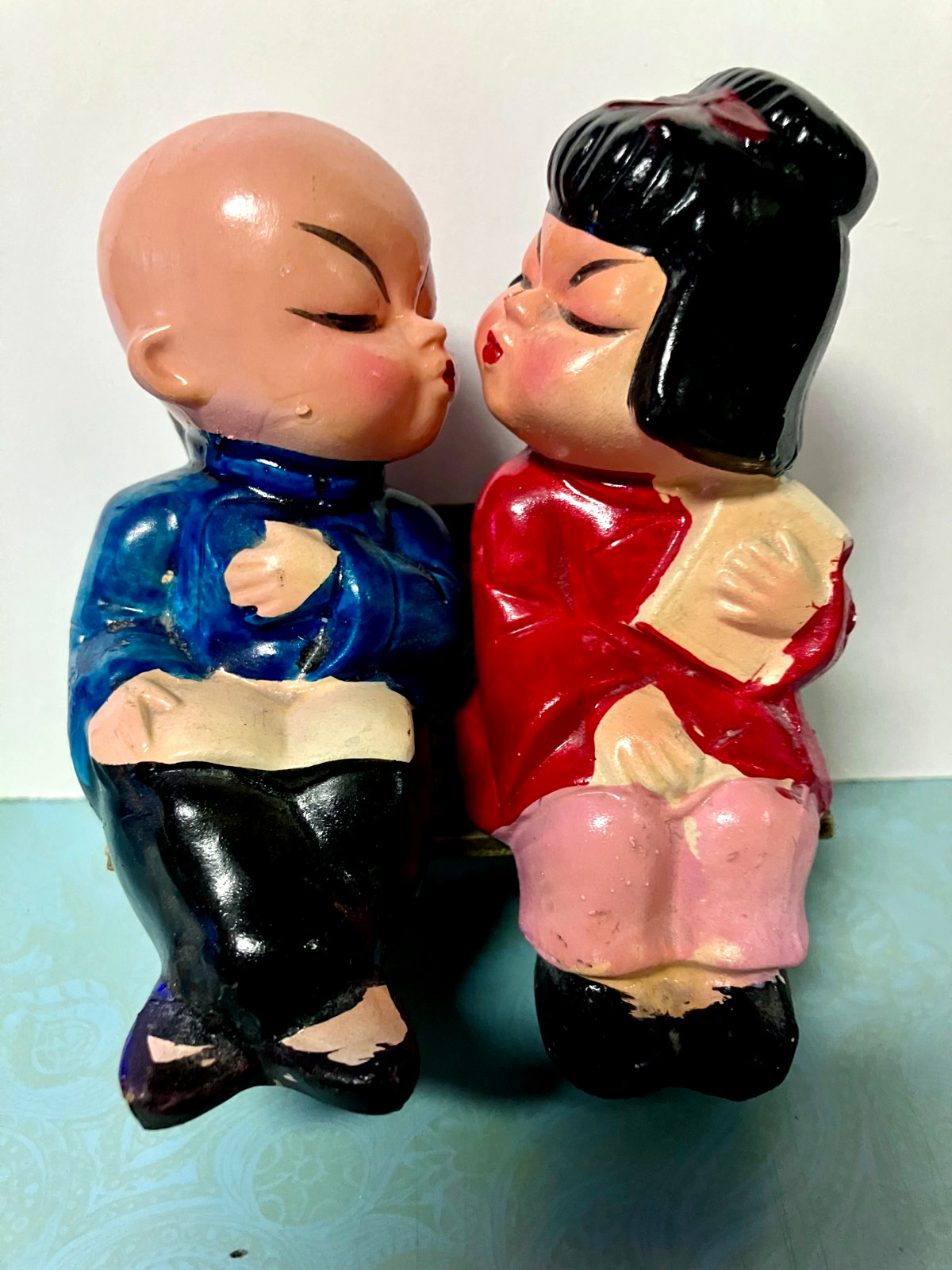Vintage - East Asian - Vintage - Boy & Girl Kissing on Bench - Salt & Pepper