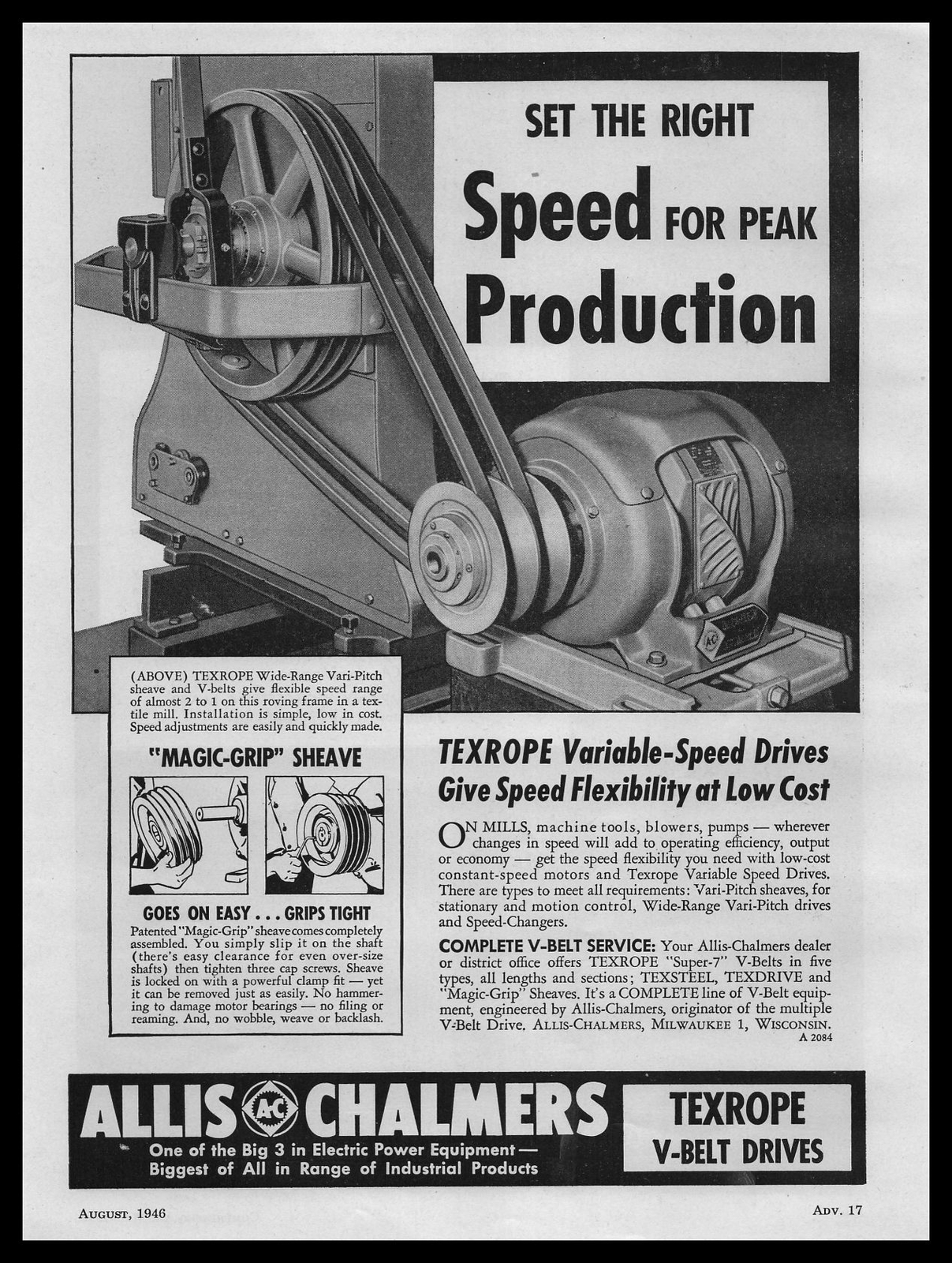 1946 Allis Chalmers Milwaukee Wisconsin Texrope V-Belt Drives Vintage Print Ad