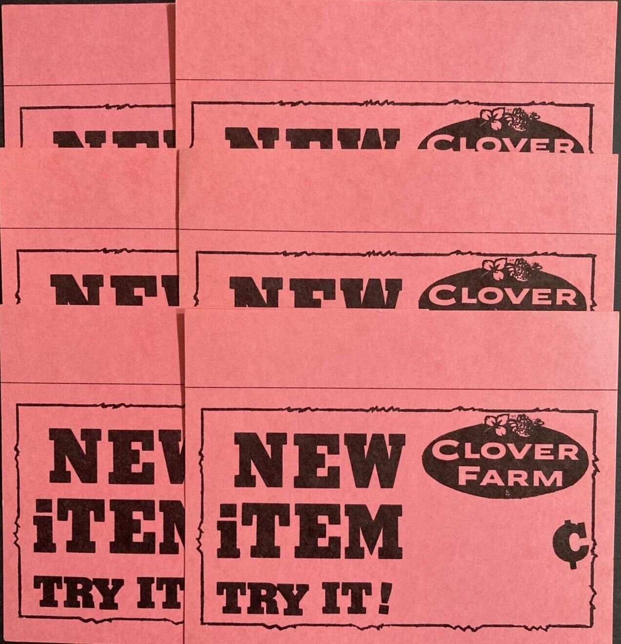 1950s Lot of Six (6) Small Clover Farm Cardboard Produce Sign - New Old Stock