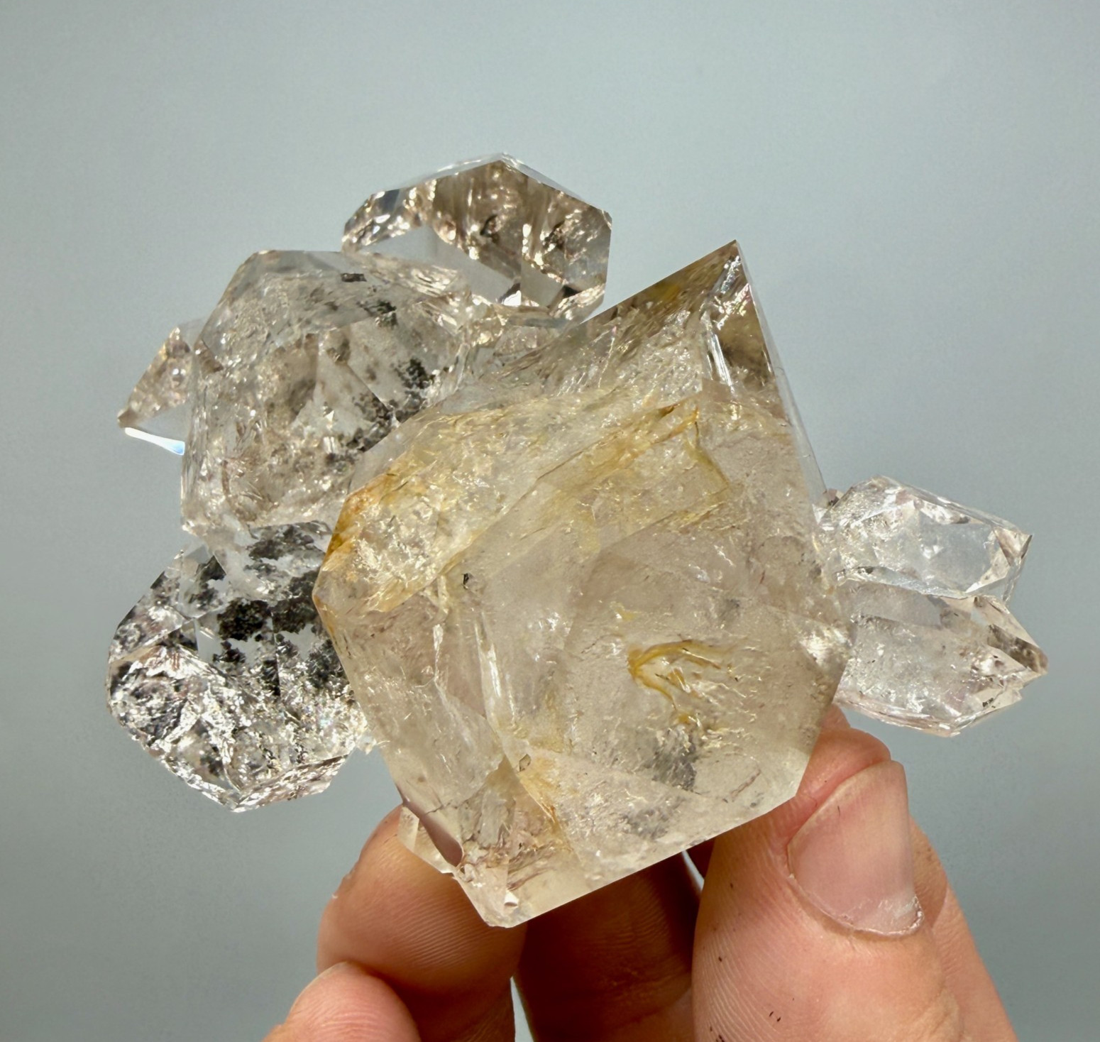 Herkimer Diamond Gem Cluster w/ Golden Iron Oxide, Smoky Phantoms