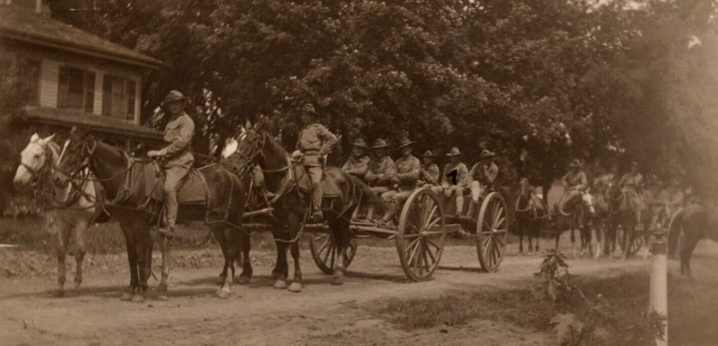 1909 RPPC US Military Horseback w/ Wagons In FOND DU LAC WISCONSIN RARE Postcard