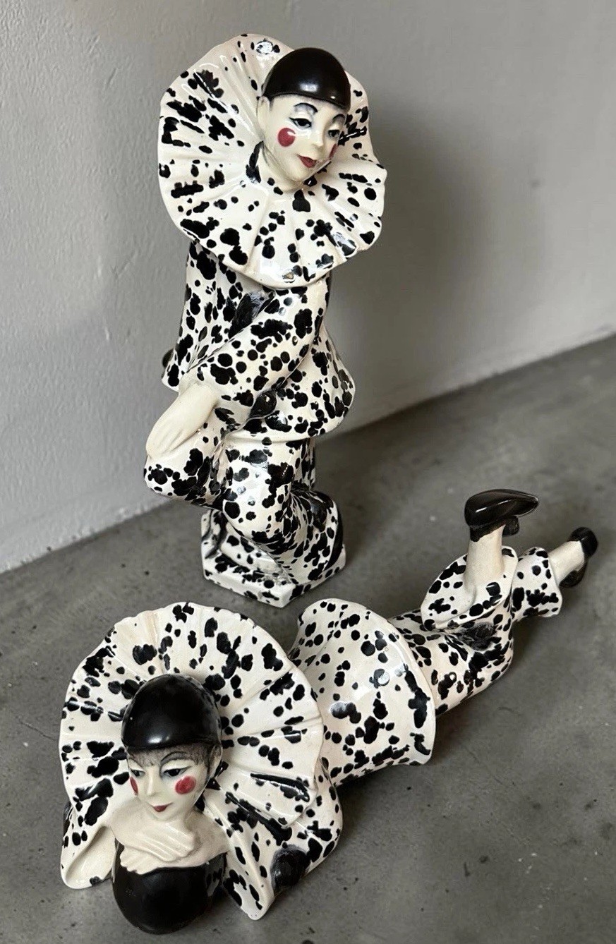 Mime Art Deco Pierrot Clowns Black & White Ceramic Figurines 1980\'s Vintage 11\