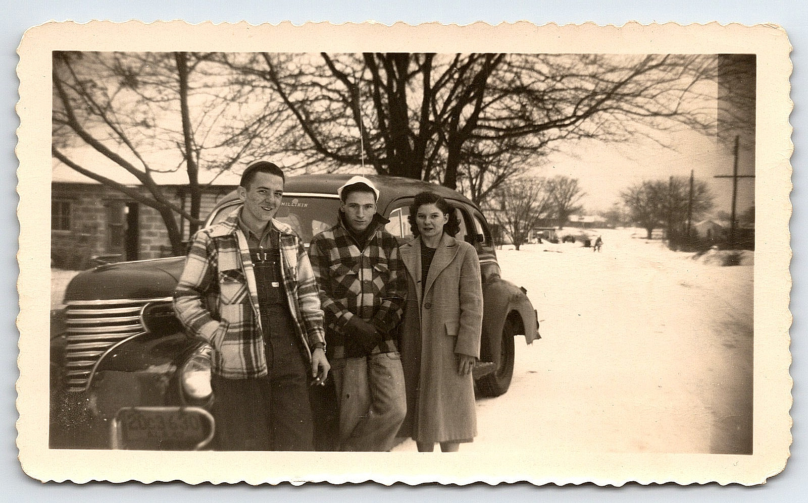 Portrait Of Two Young Boys And Girl By Car In The Winter Snow 1940's