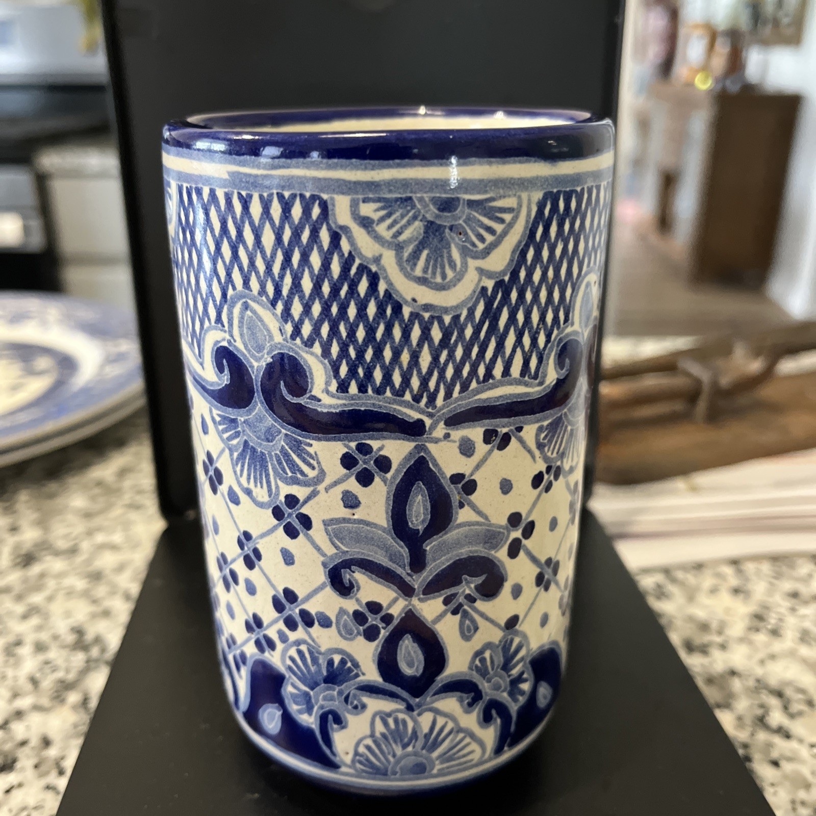 Vtg. Mexican Talavera Tumbler - Blue & White Hand-Painted Pottery Signed Vazquez