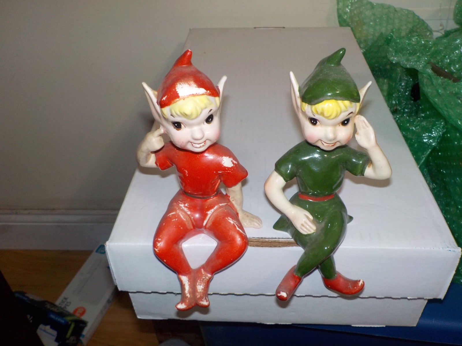 2 Vintage 1950's Kreiss Ceramic Large Red & Green Christmas Elves Ledge Sitters