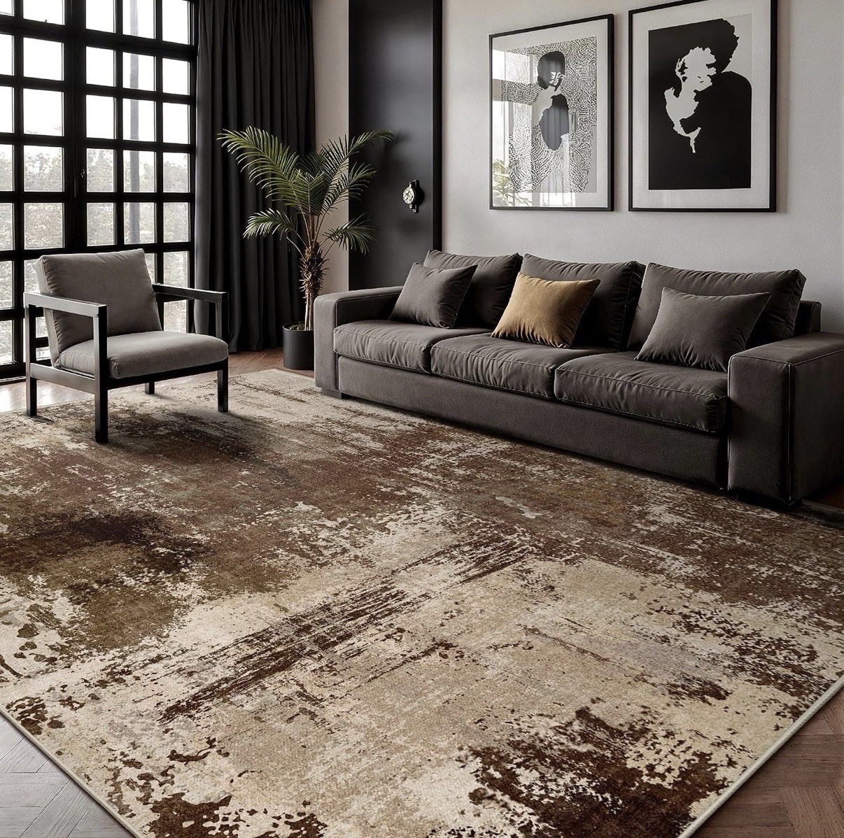 5x7 Area Rugs - Modern Abstract Washable Rug, Ultra Soft Non Slip Low Pile Brown