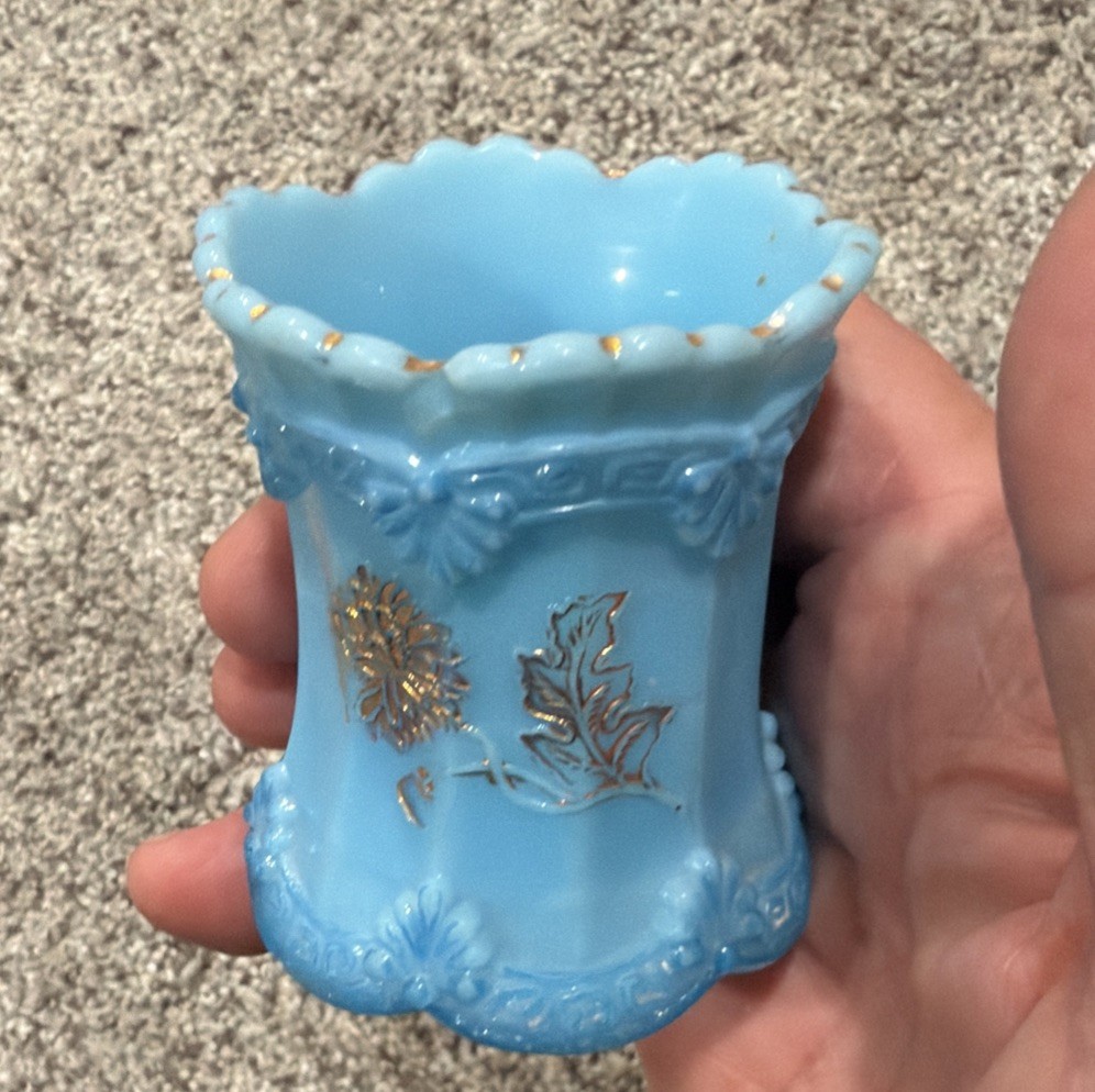 Vintage 1899 Northwood Blue Sprig Chrysanthemum Toothpick Holder Old Custard